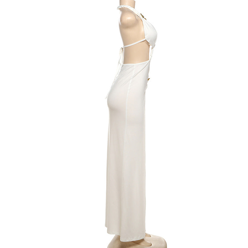 Ladies stylish fashion sexy low back high slit halter neck dress White (Size S - L)