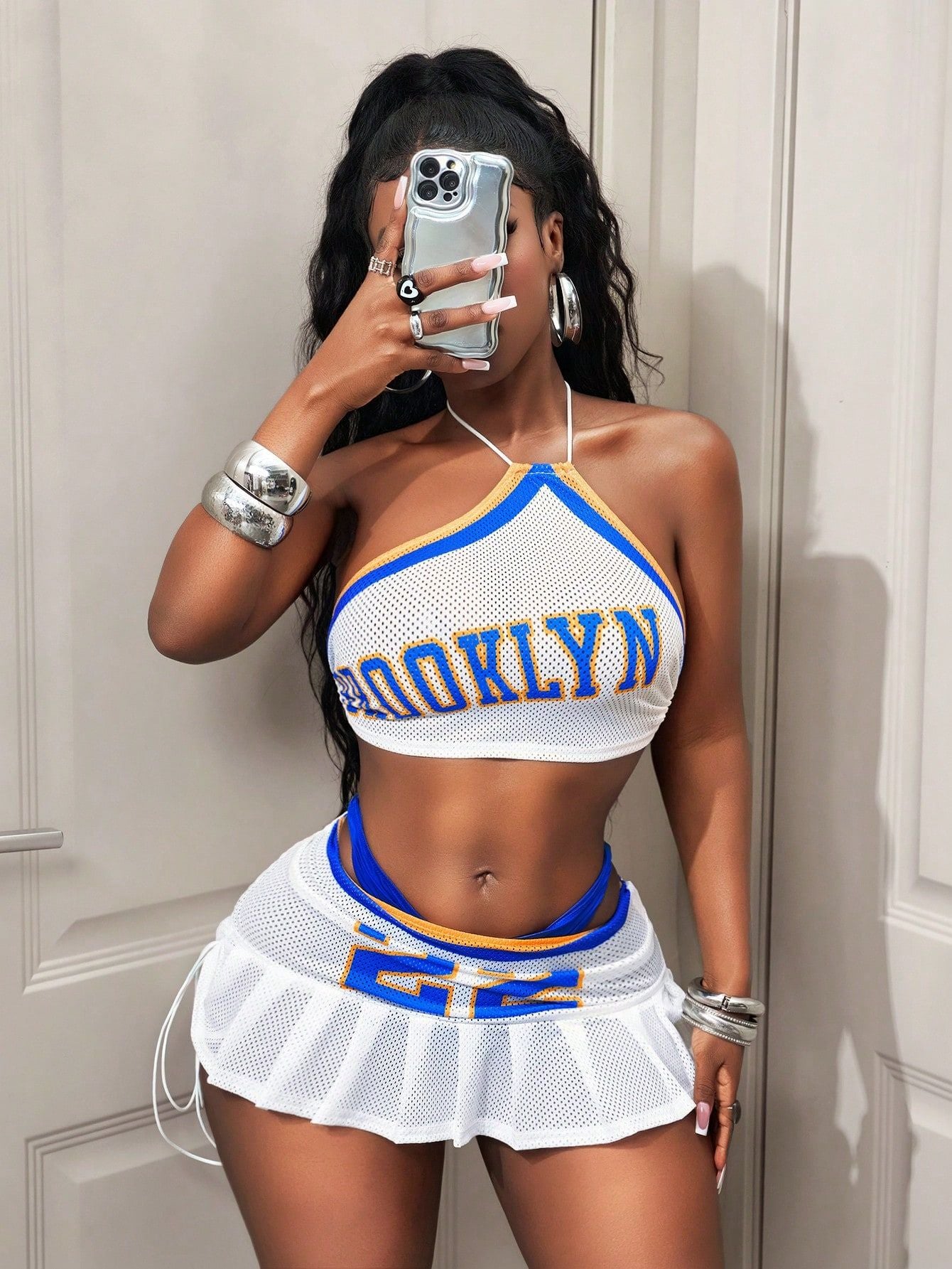 Women stylish fashion sexy two piece halter neck crop top and mini skirt set White (Size S - L)
