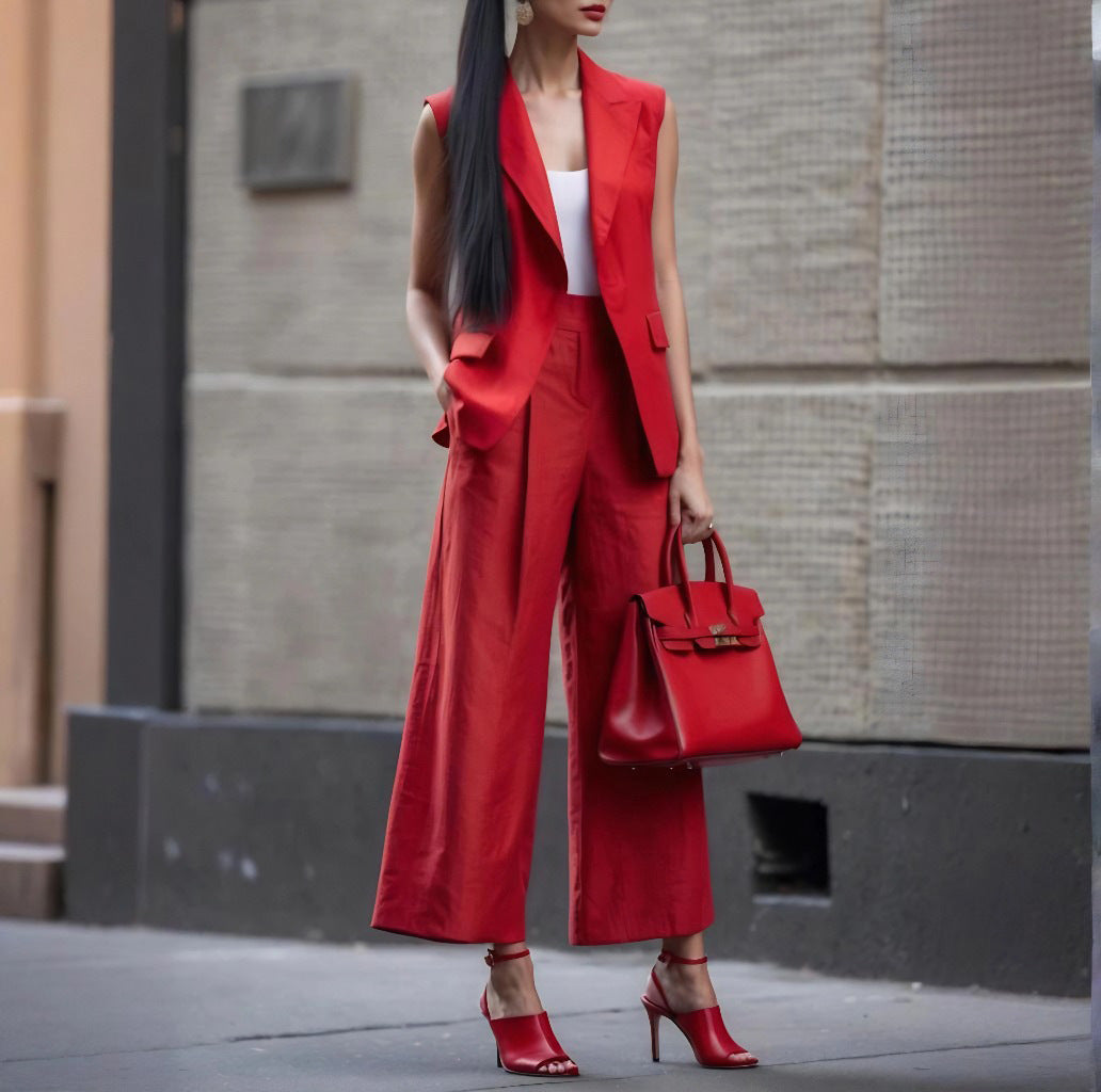Ladies stylish fashion two piece sleeveless top and straight leg pants set Black / white / red (Size S - XL)