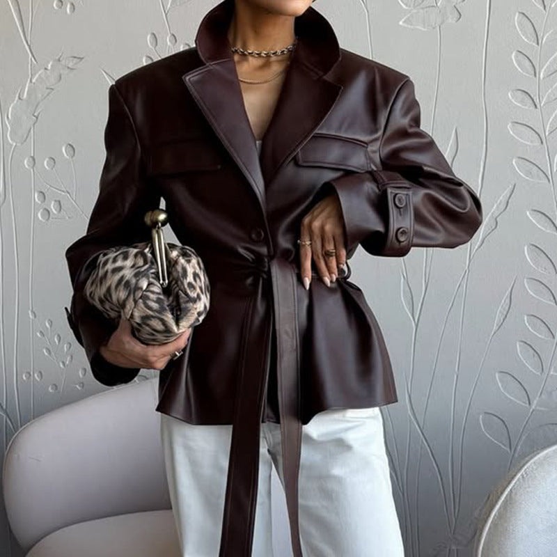 Women stylish fashion sexy leather blazer jacket Brown (Size S - XL)