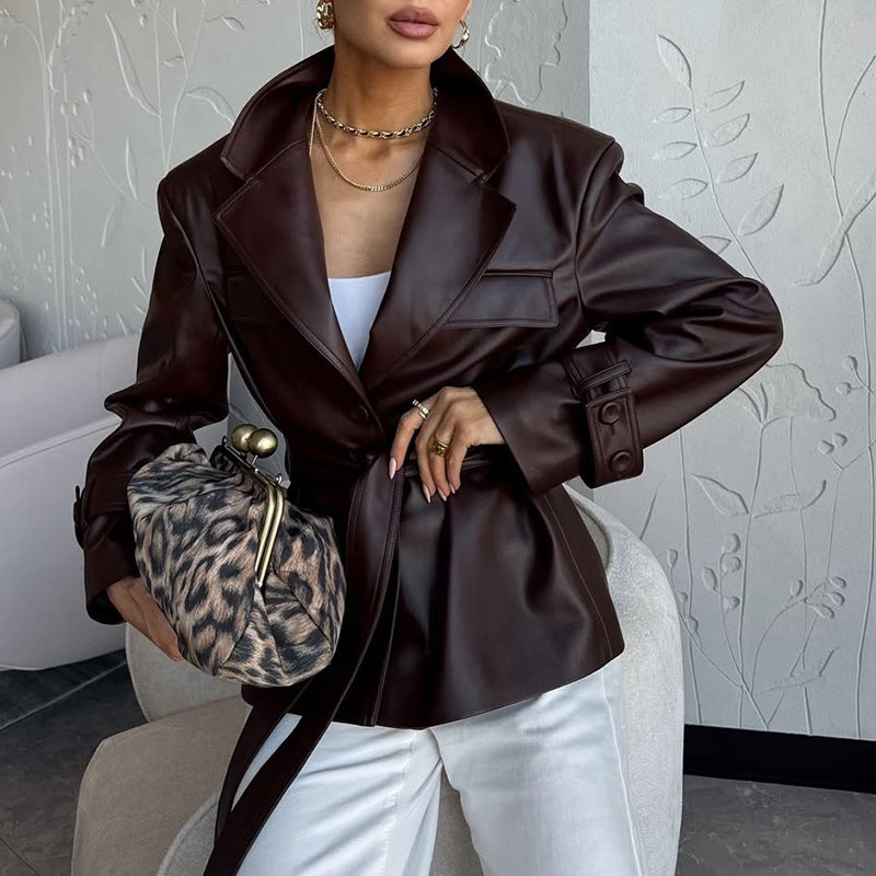 Women stylish fashion sexy leather blazer jacket Brown (Size S - XL)