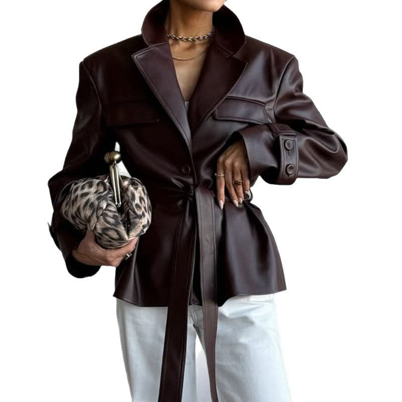 Women stylish fashion sexy leather blazer jacket Brown (Size S - XL)