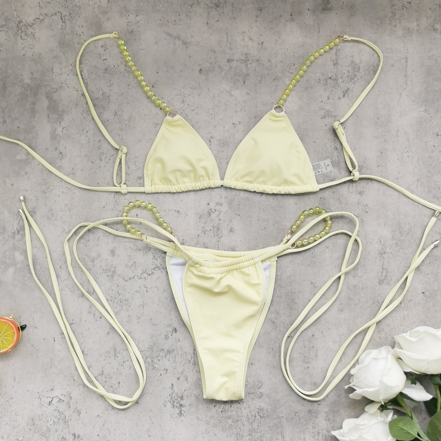Women stylish fashion sexy two piece bikini swimwear and swimsuit cover up Light yellow (Size S - L)
