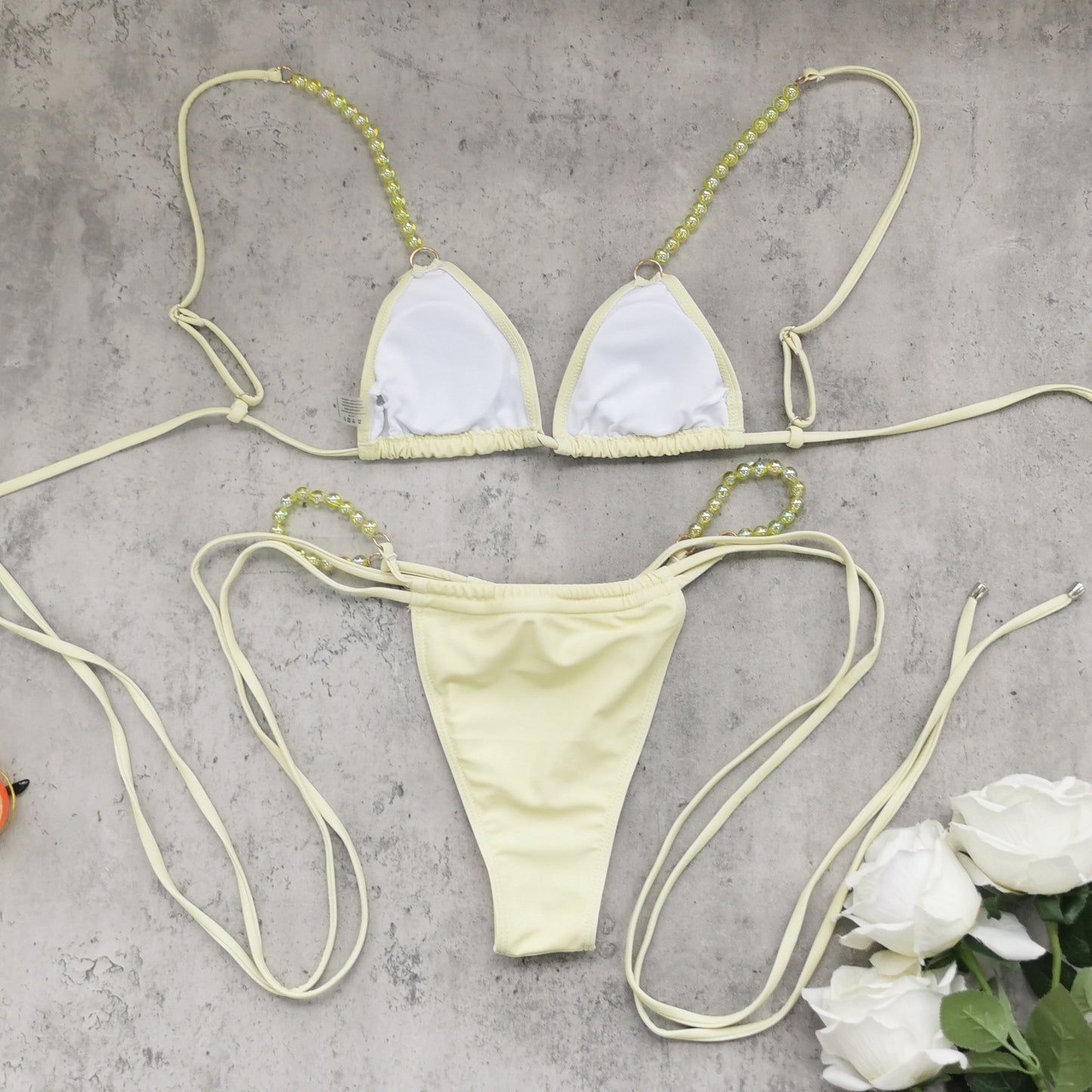 Women stylish fashion sexy two piece bikini swimwear and swimsuit cover up Light yellow (Size S - L)