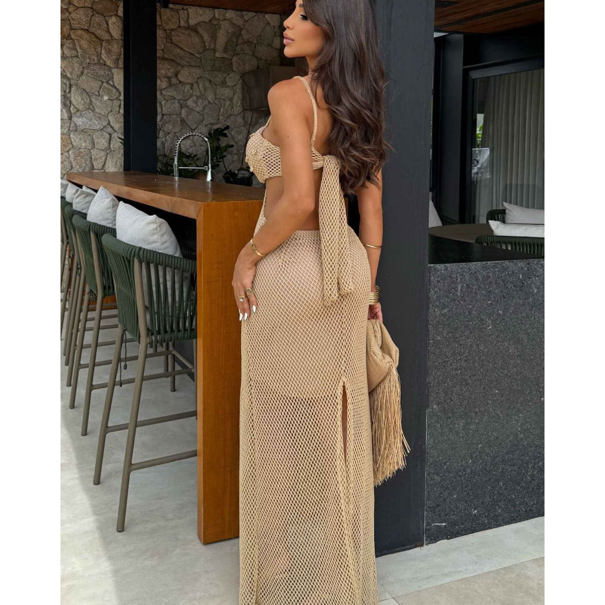 Women stylish fashion cute cut out beachdress Light khaki (Size M - XL)
