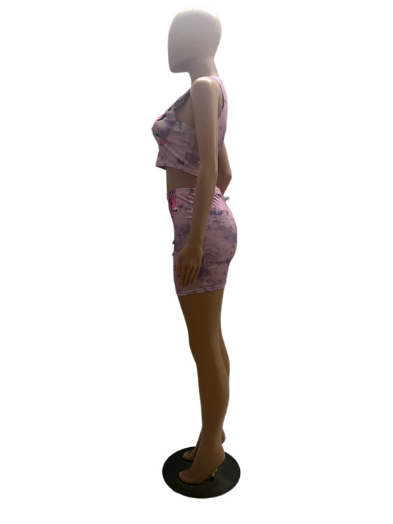 Women two piece top and mini skirt set pink (Size XS - 2XL)