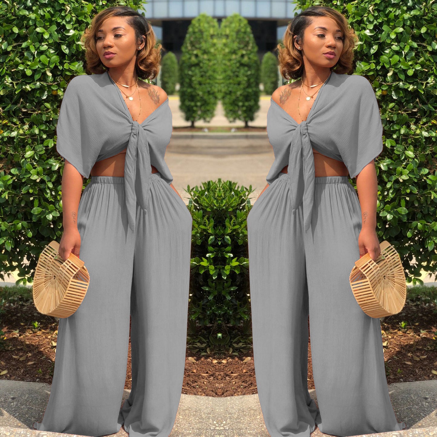 Women stylish fashion two piece v-neck tie up top and wide leg pants set Gray / black (Size S - 2XL)