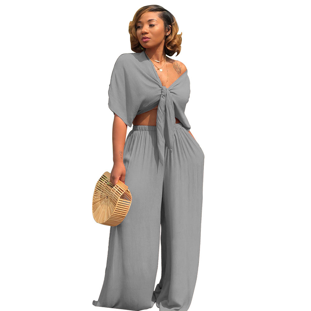 Women stylish fashion two piece v-neck tie up top and wide leg pants set Gray / black (Size S - 2XL)