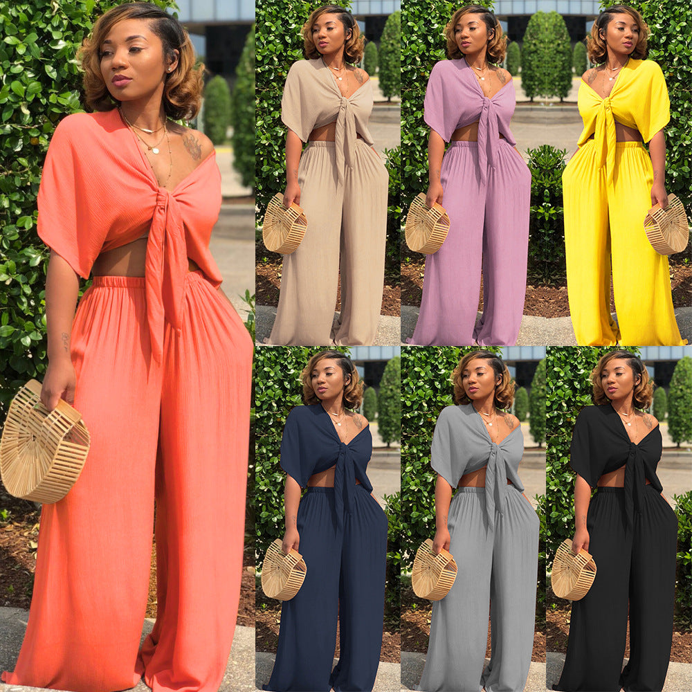 Women stylish fashion two piece v-neck tie up top and wide leg pants set Gray / black (Size S - 2XL)