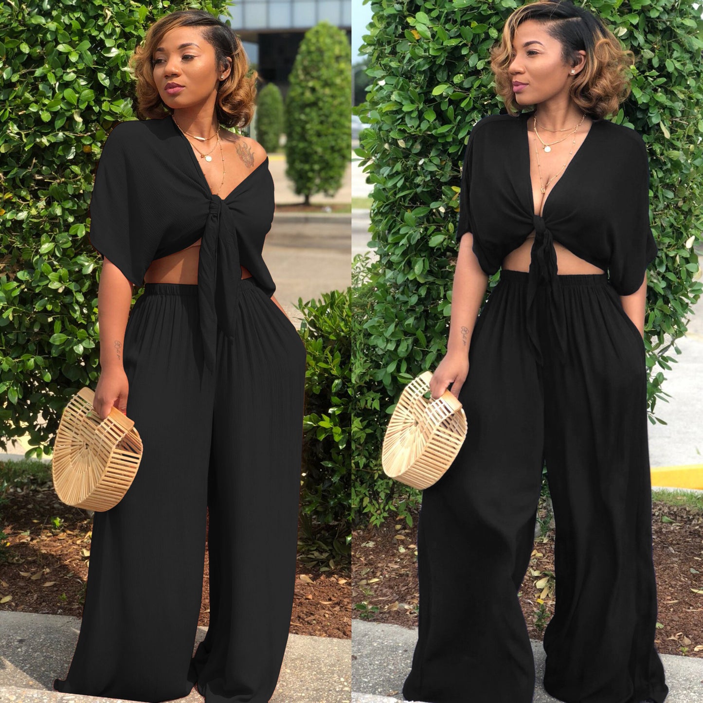 Women stylish fashion two piece v-neck tie up top and wide leg pants set Gray / black (Size S - 2XL)