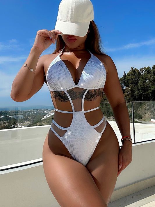 LADIES ONE PIECE SWIMSUIT SWIMWEAR     SILVER     (SIZE  S-L)