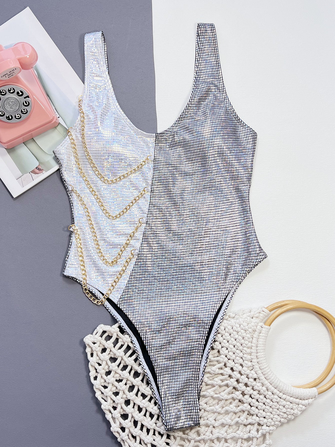 LADIES ONE PIECE SWIMSUIT SWIMWEAR     SILVER     (SIZE  S-L)