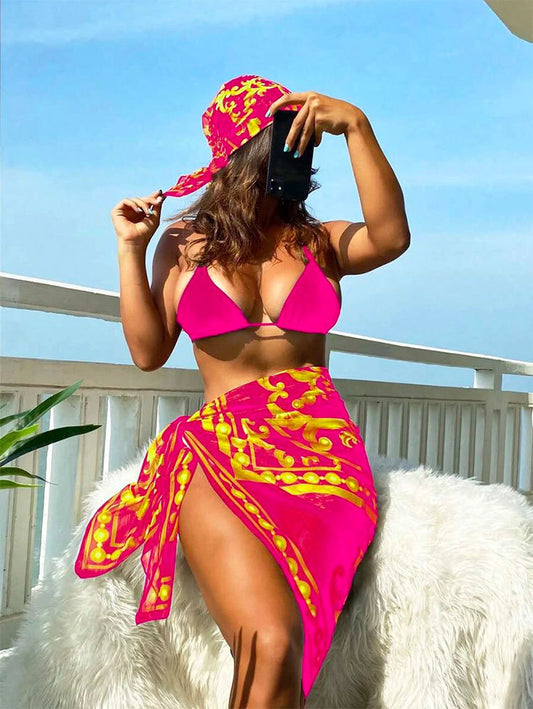 LADIES THREE PIECE SWIMSUIT SWIMWEAR SET     RED PINK     (SIZE  S-XL)