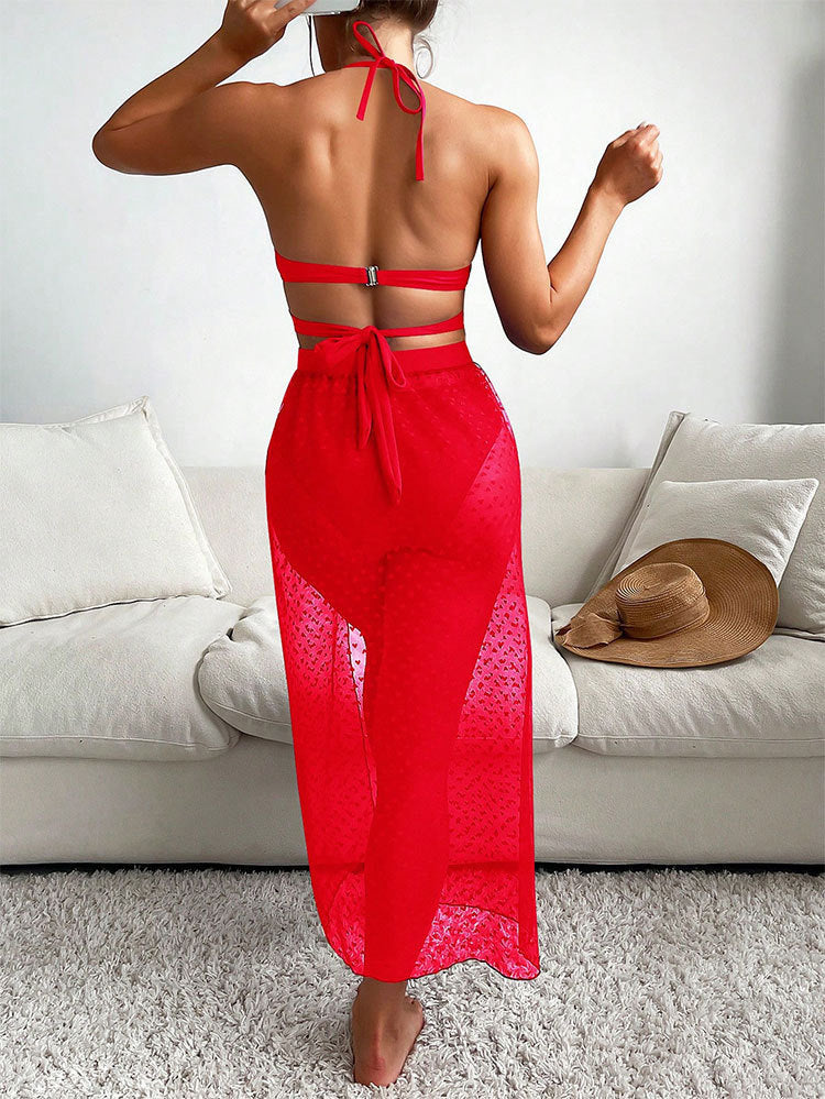 LADIES THREE PIECE SWIMSUIT & SKIRT SET     WHITE / BLUE / BLACK / RED     (SIZE  S-XL)