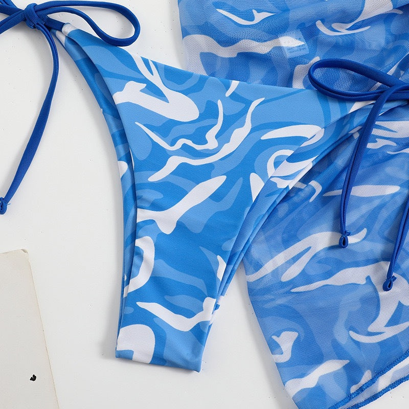 LADIES THREE PIECE SWIMSUIT BIKINI COVER UP     BLUE     (SIZE  S-XL)