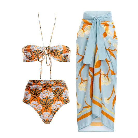 LADIES THREE PIECE SWIMSUIT & SKIRT SWIMWEAR COVER UP SET     (SIZE S-XL)