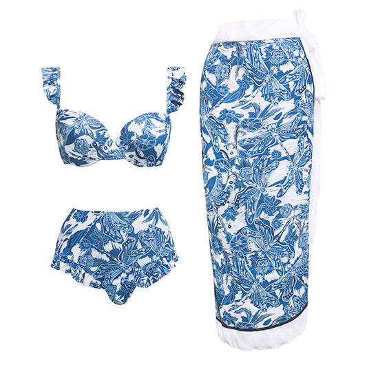 LADIES  THREE PIECE SWIMSUIT & SKIRT SWIMWEAR COVER UP SET     BLUE / PURPLE     (SIZE  S-XL)