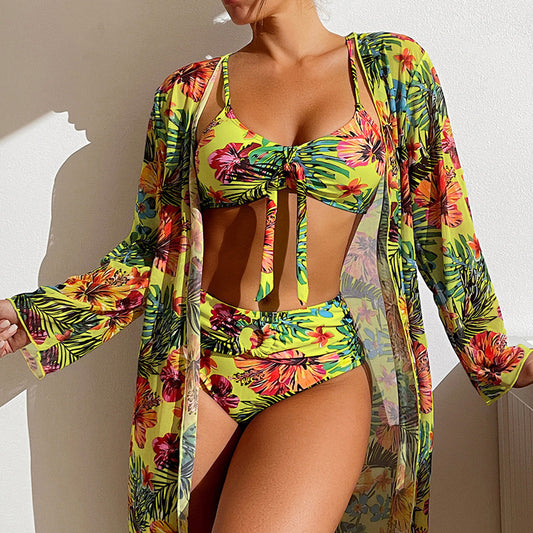 LADIES THREE PIECE SWIMSUIT SET      WHITE / YELLOW / GRAY / BLUE     (SIZE  S-XL)