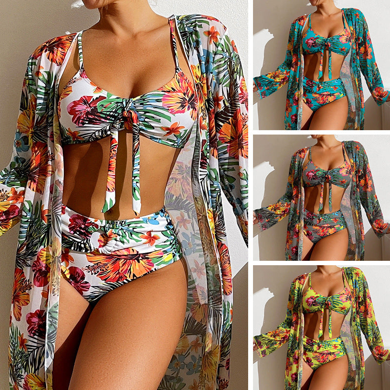 LADIES THREE PIECE SWIMSUIT SET      WHITE / YELLOW / GRAY / BLUE     (SIZE  S-XL)