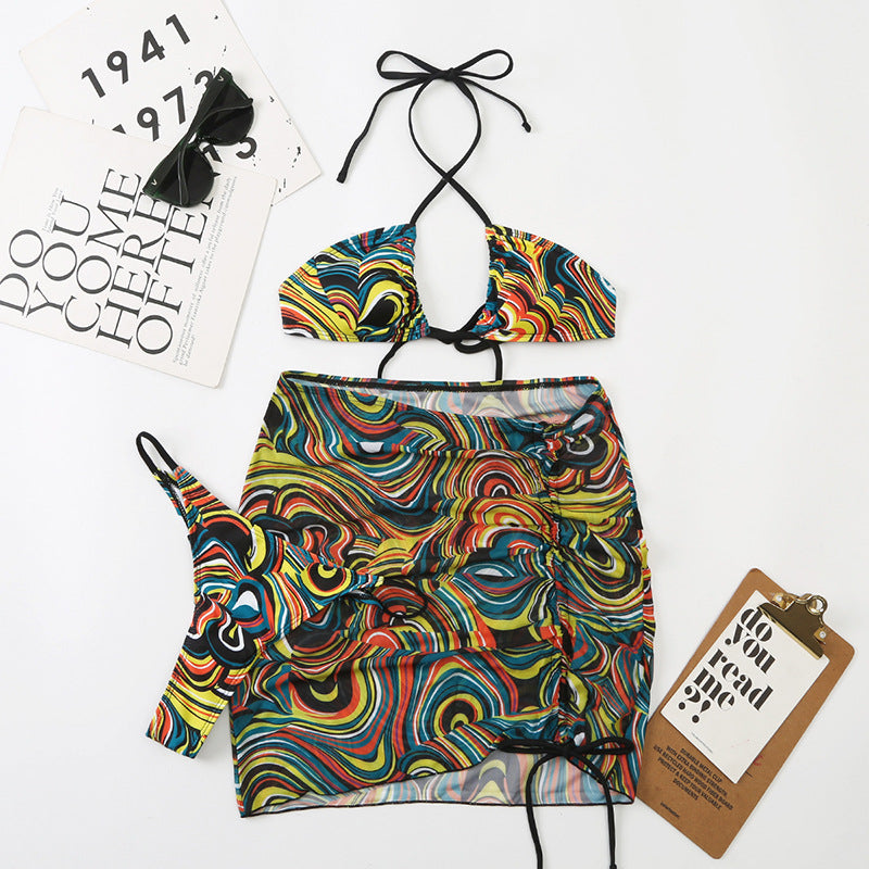 LADIES THREE PIECE SWIMSUIT SET     PURPLE / GREEN / ORANGE / BLACK     (SIZE  S-L)