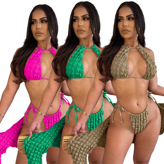 LADIES THREE PIECE BIKINI SWIMWEAR SET     GREEN / KHAKI / PINK     (SIZE  S-2XL)