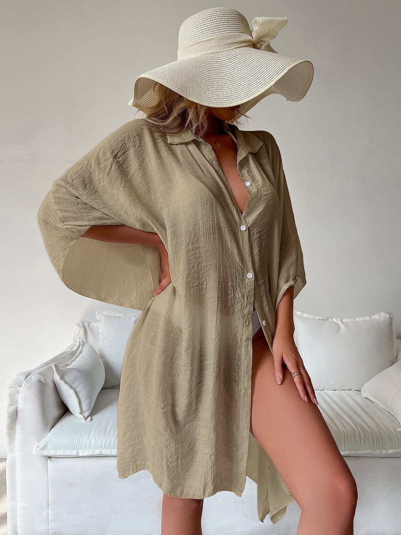 LADIES BEACHWEAR CARDIGAN COVER UP      WHITE / BLACK / KHAKI      (ONE SIZE)