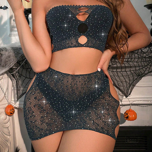 LADIES TWO PIECE MESH LINGERIE SKIRT SET      BLACK      (ONE SIZE)