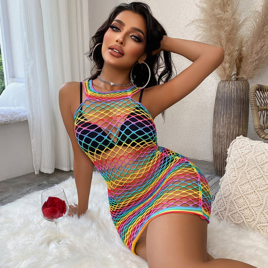 LADIES SEXY RAINBOW FISHNET DRESS      RAINBOW      (ONE SIZE)