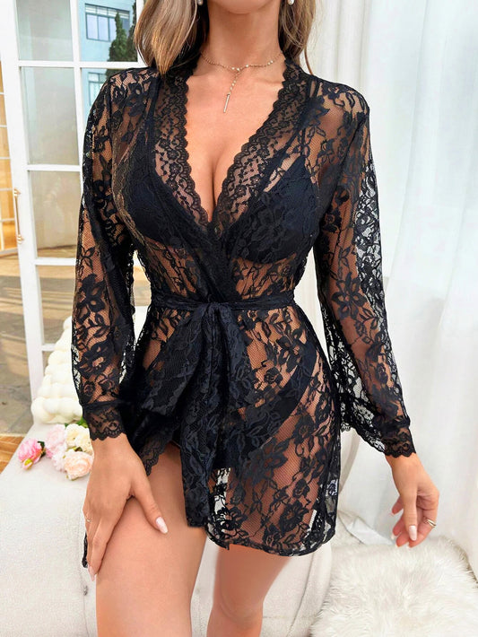 LADIES INTIMATE LACE LINGERIE ROBE      BLACK      (SIZE  S-2XL)