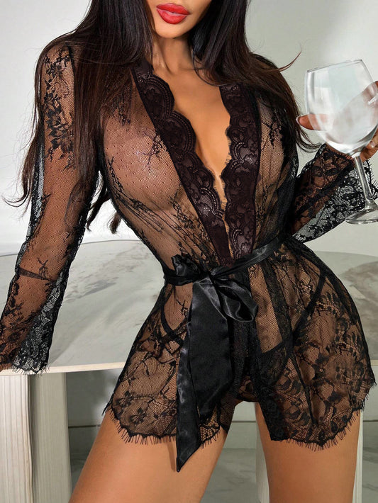 LADIES INTIMATE LACE LINGERIE ROBE      BLACK     (SIZE S-2XL)