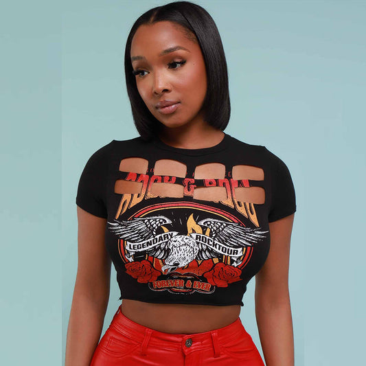 LADIES SHORT SLEEVE CROP TOP      BLACK      (SIZE  S-L)