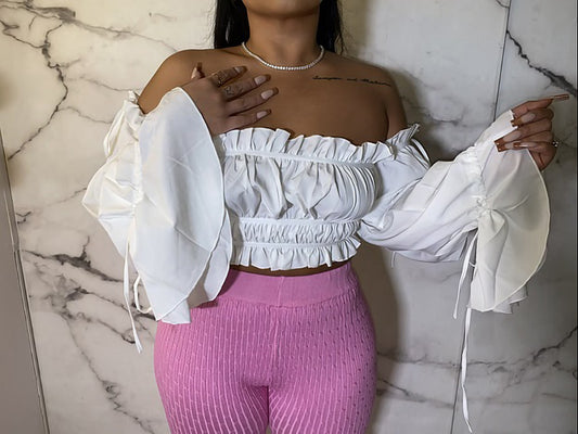 LADIES LONG SLEEVE TUBE CROP TOP      WHITE      (SIZE  S-3XL)