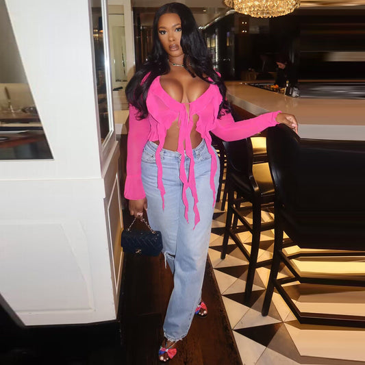 LADIES LONG SLEEVE CROP TOP      PINK / BLACK     (SIZE  S-2XL)