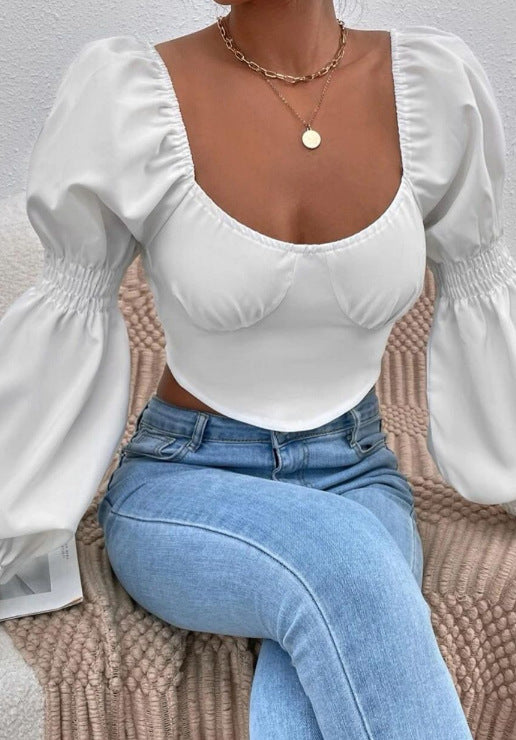 LADIES LONG SLEEVE CROP TOP      WHITE / BLACK / BROWN      (SIZE  S-XL)