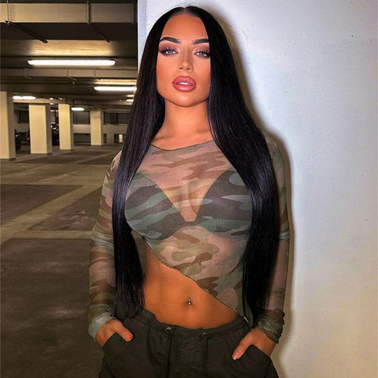 LADIES LONG SLEEVE MESH CROP TOP      GREEN      (SIZE  S-L)