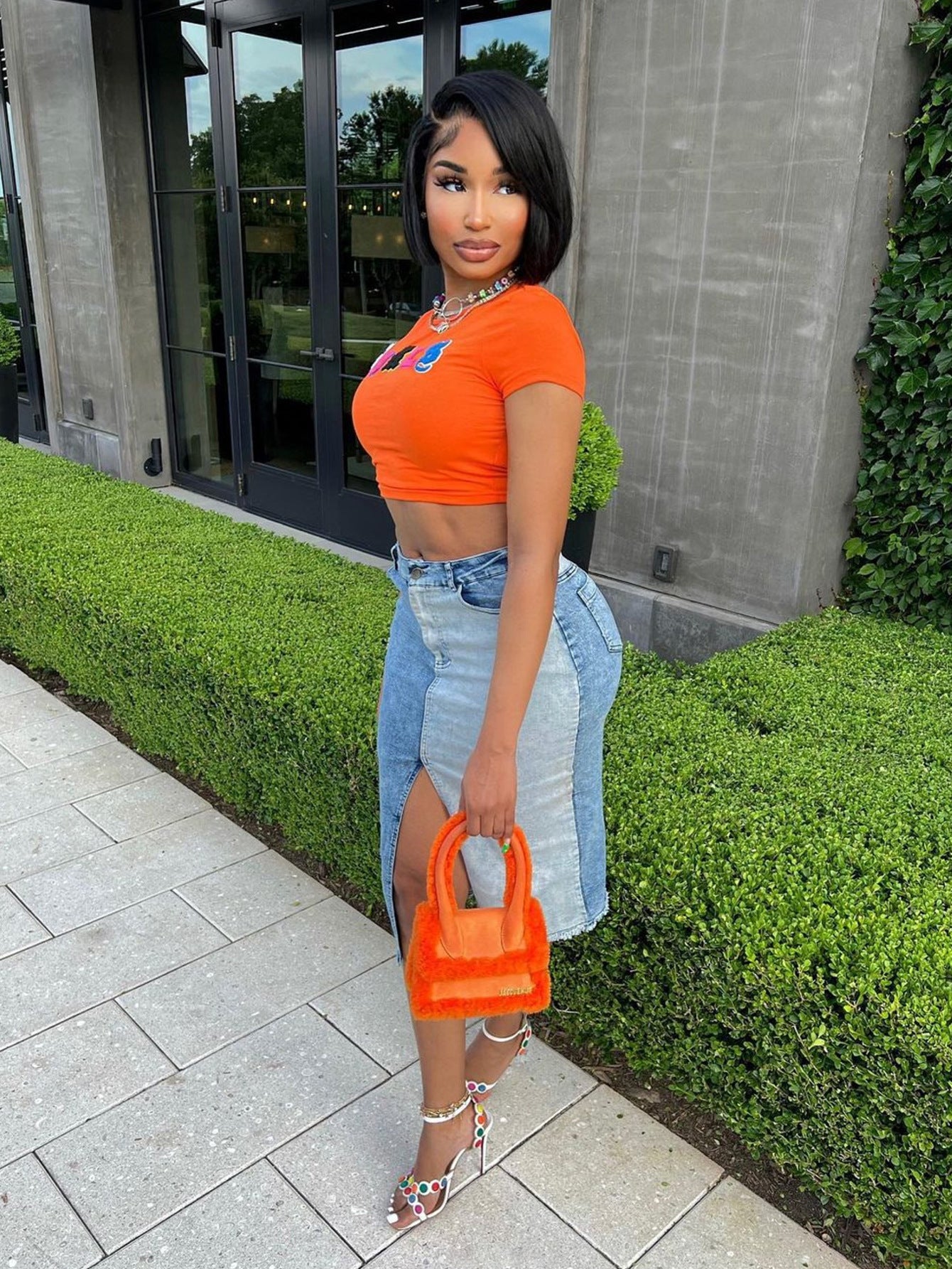 LADIES PRINTED CROP TEE TOP      ORANGE      (SIZE  S-L)