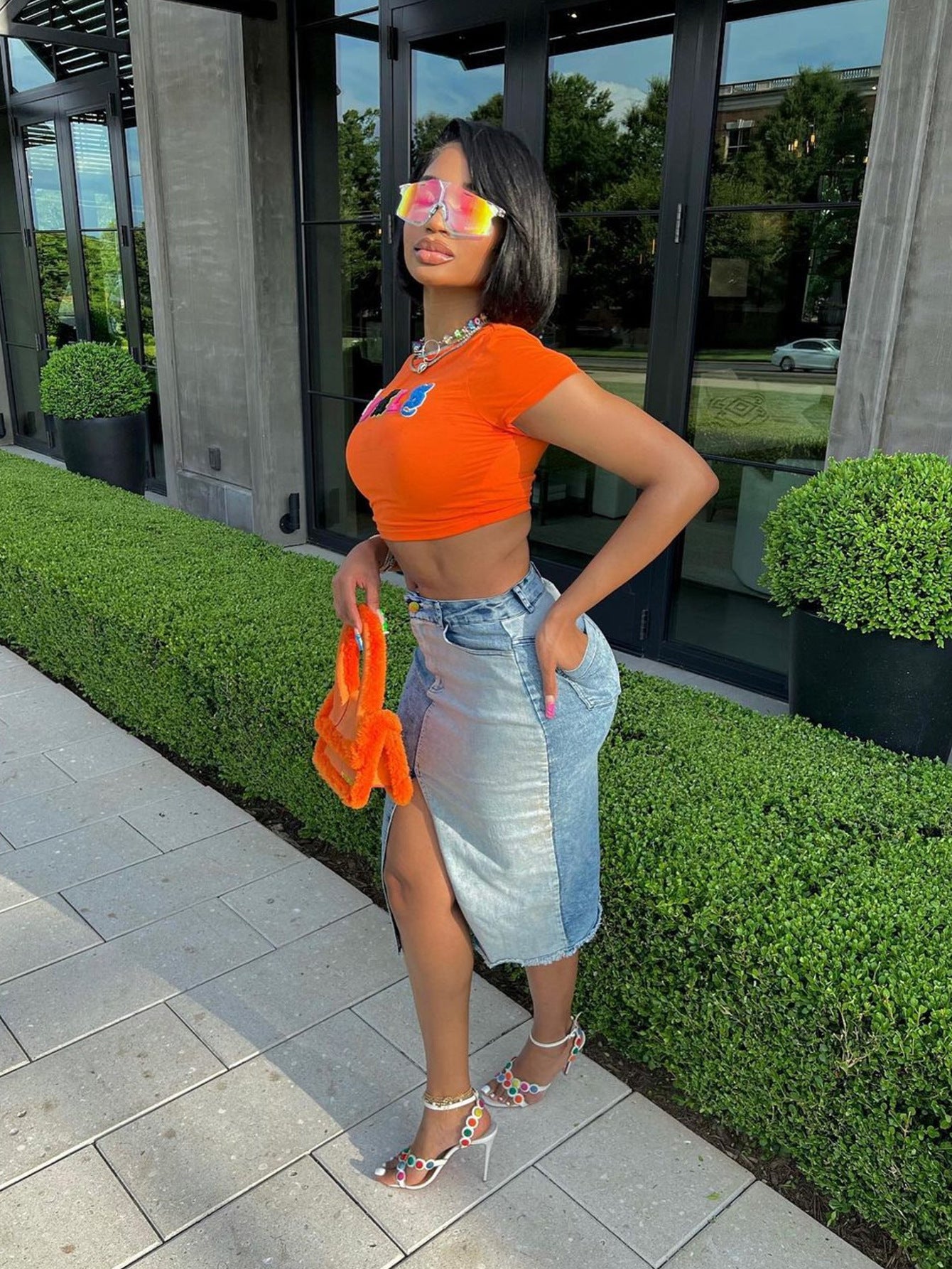 LADIES PRINTED CROP TEE TOP      ORANGE      (SIZE  S-L)