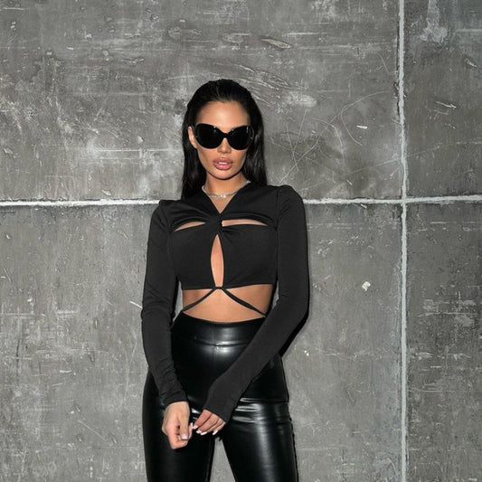 LADIES LONG SLEEVE CUT OUT CROP TOP      BLACK      (SIZE  S-L)