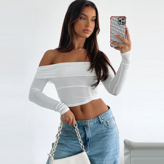 LADIES OFF THE SHOULDER LONG SLEEVE CROP TOP      WHITE      (SIZE  S-L)