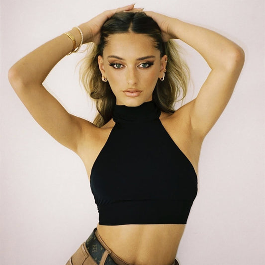 LADIES HALTER NECK CROP TOP      BLACK      (SIZE  XS-L)
