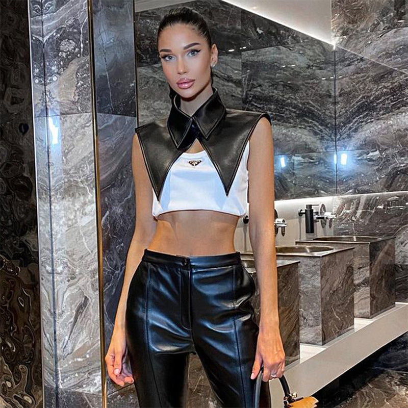 LADIES SEXY PU LEATHER CROP TOP      BLACK      (SIZE  S-L)