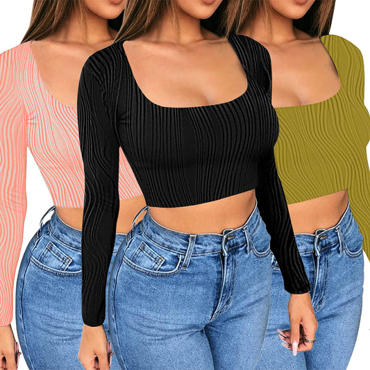 LADIES LONG SLEEVE CROP TOP      BLACK / PINK / GREEN      (SIZE  S-XL)