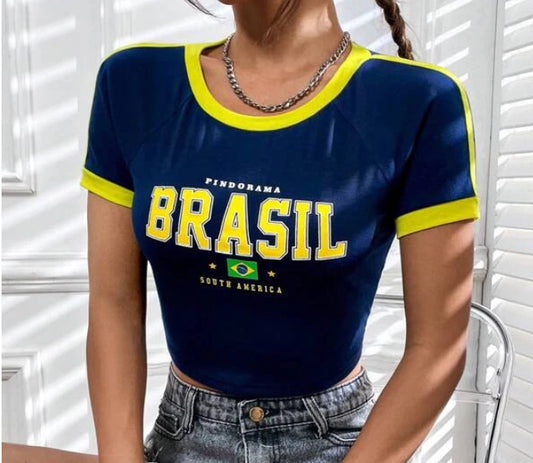 LADIES CROPPED T SHIRT      GREEN / YELLOW / BLACK / BLUE      (SIZE  S-L)