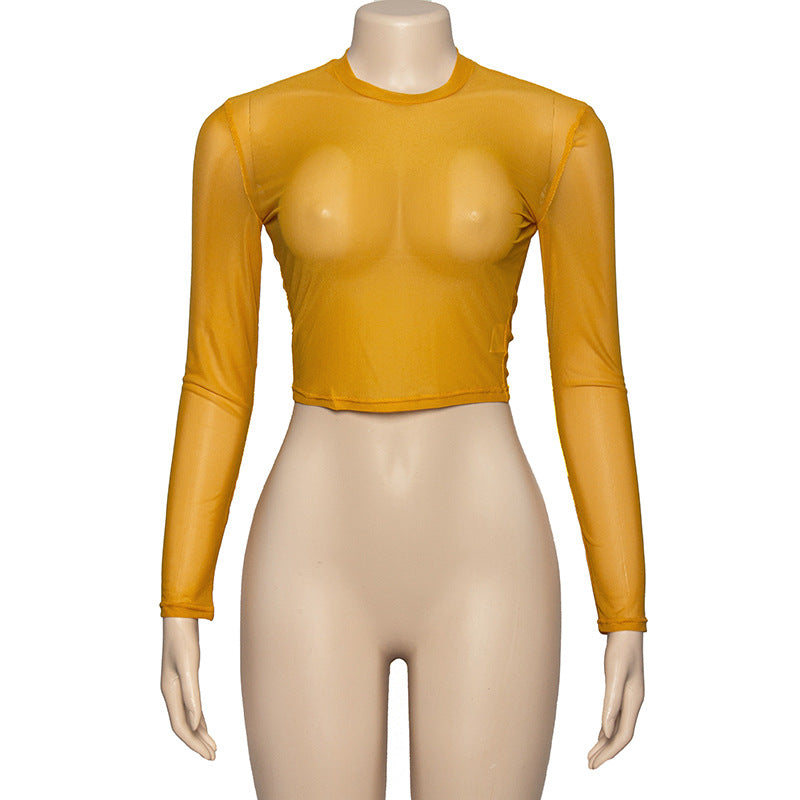 Ladies long sleeve mesh top Bright pink / mustard yellow / brown     (SIZE  S-L)