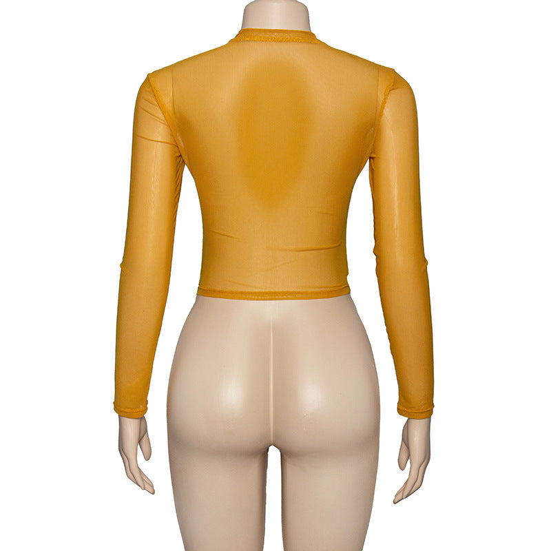 Ladies long sleeve mesh top Bright pink / mustard yellow / brown     (SIZE  S-L)