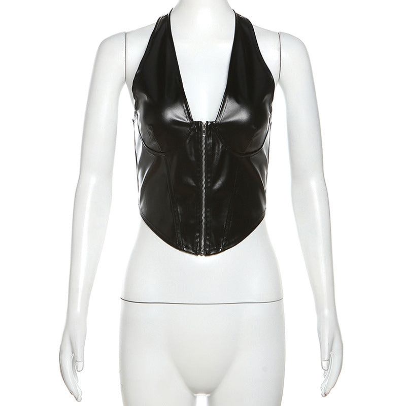 LADIES BLACK PU LEATHER HALTERNECK TOP       BLACK      (SIZE  S-L)