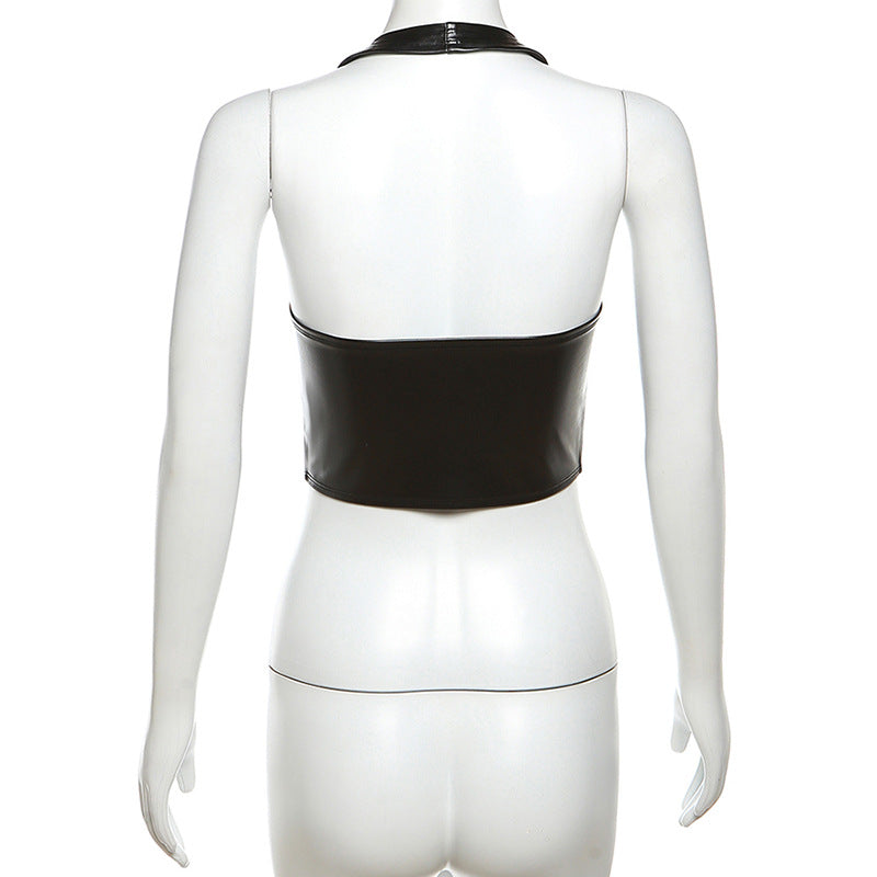 LADIES BLACK PU LEATHER HALTERNECK TOP       BLACK      (SIZE  S-L)