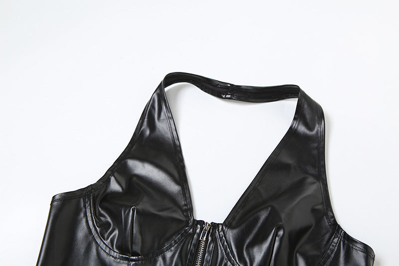LADIES BLACK PU LEATHER HALTERNECK TOP       BLACK      (SIZE  S-L)