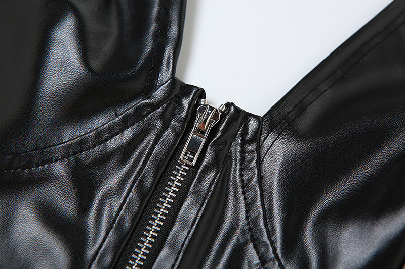 LADIES BLACK PU LEATHER HALTERNECK TOP       BLACK      (SIZE  S-L)