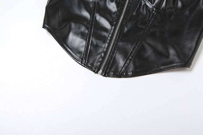 LADIES BLACK PU LEATHER HALTERNECK TOP       BLACK      (SIZE  S-L)